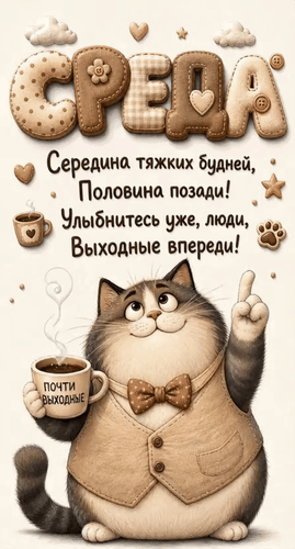 Анимированная открытка Среда. Середина тяжких будней, половина позади! Улыбнитесь уже, люди, выходные впереди!