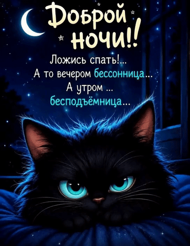 Анимированная открытка Доброй ночи! Ложись спать!.. А то вечером бессонница... А утром... бесподъемница...