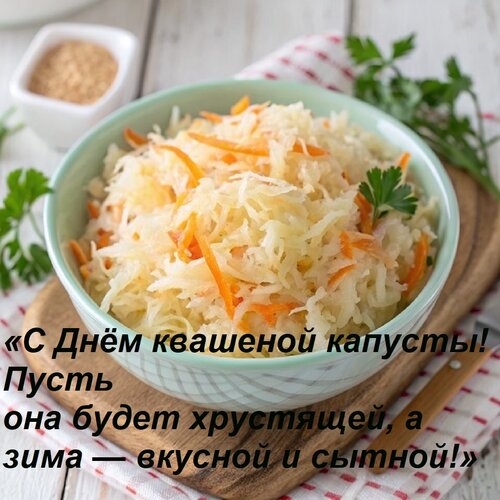 Открытка «С Днём квашеной капусты! Пусть она будет хрустящей, а зима — вкусной и сытной!»