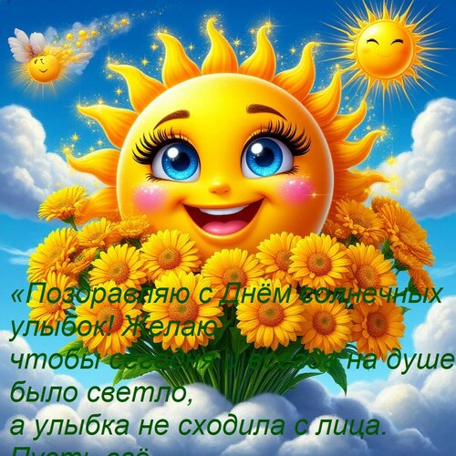 Открытка «Поздравляю с Днём солнечных улыбок! Желаю, чтобы сегодня и всегда на душе было светло, а улыбка н