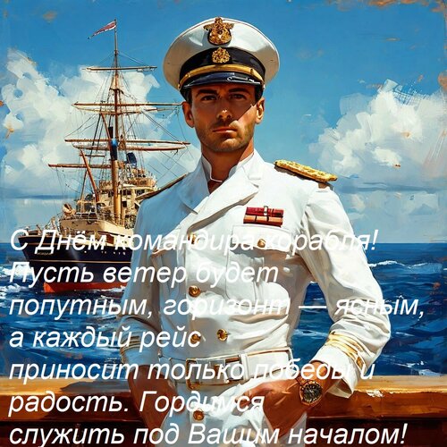Открытка С Днём командира корабля! Пусть ветер будет попутным, горизонт — ясным, а каждый рейс приносит тол