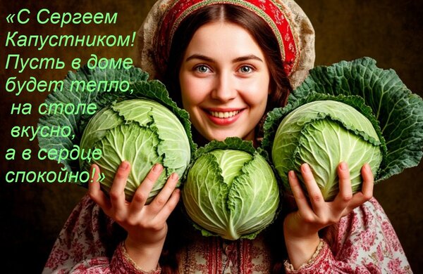 Открытка «С Сергеем Капустником! Пусть в доме будет тепло, на столе вкусно, а в сердце спокойно!»