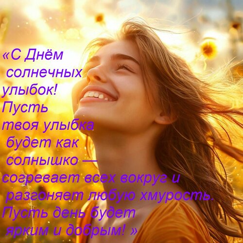 Открытка «С Днём солнечных улыбок! Пусть твоя улыбка будет как солнышко — согревает всех вокруг и разгоняет
