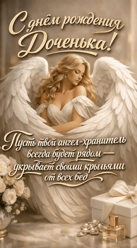 Анимированная открытка С Днем рождения Доченька! Пусть твой ангел-хранитель всегда будет рядом - укрывает своими крыльями