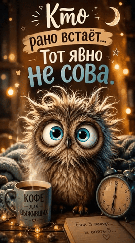 Анимированная открытка Кто рано встаёт... Тот явно не сова. Кофе для выживших. Ещё 5 минут... и опять 5...