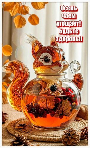 Открытка осень чаем угощает