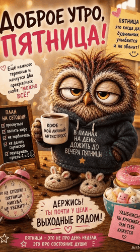 Анимированная открытка Доброе утро, пятница! Держись! Ты почти у цели - выходные рядом! Пятница - это не про день недели, э