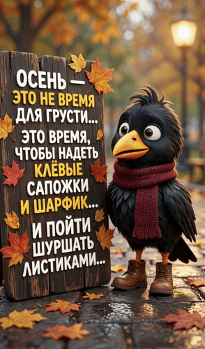 Анимированная открытка Осень - это не время для грусти... Это время, чтобы надеть клёвые сапожки и шарфик... И пойти шуршат