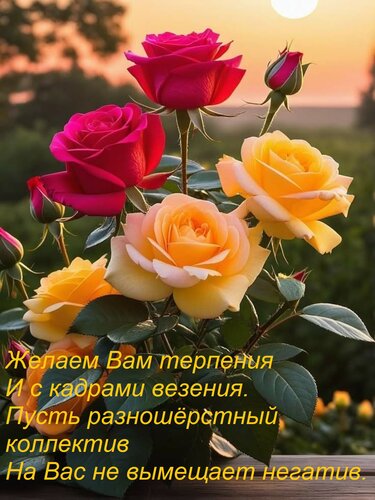 Открытка Желаем Вам терпения И с кадрами везения. Пусть разношёрстный коллектив На Вас не вымещает негатив.