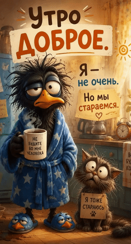 Анимированная открытка Утро доброе. Я - не очень. Но мы стараемся. Не беспокоить во мне человека. Я тоже стараюсь.