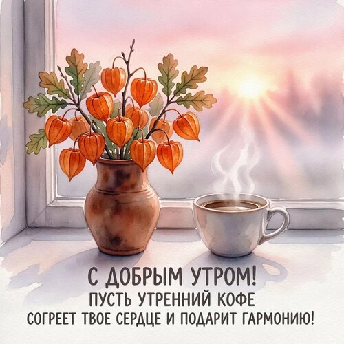 Открытка С добрым утром! Пусть утренний кофе согреет твое сердце и подарит гармонию!