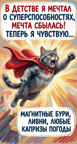 Анимированная открытка В детстве я мечтал о суперспособностях, мечта сбылась! Теперь я чувствую... Магнитные бури, ливни, л