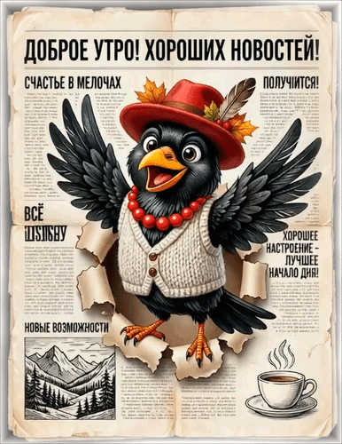 Анимированная открытка Доброе утро! Хороших новостей! Счастье в мелочах. Хорошее настроение - лучшее начало дня!