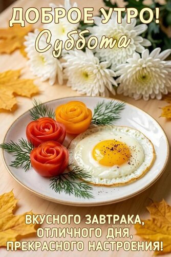 Открытка ДОБРОЕ УТРО! СУББОТА. ВКУСНОГО ЗАВТРАКА, ОТЛИЧНОГО ДНЯ, ПРЕКРАСНОГО НАСТРОЕНИЯ!