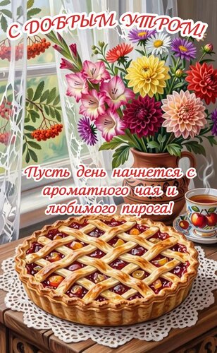 Открытка Пусть день начнется с ароматного чая и любимого пирога!