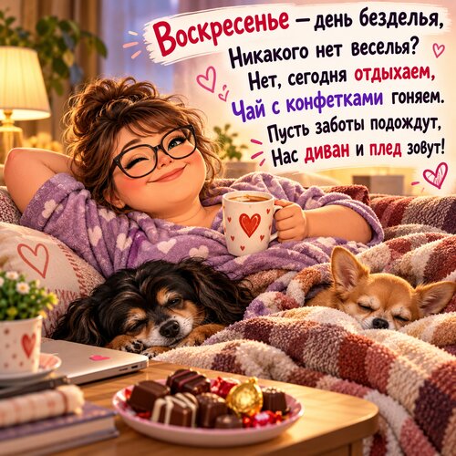 Открытка Воскресенье — день безделья, Никакого нет веселья? Нет, сегодня отдыхаем, Чай с конфетками гоняем.