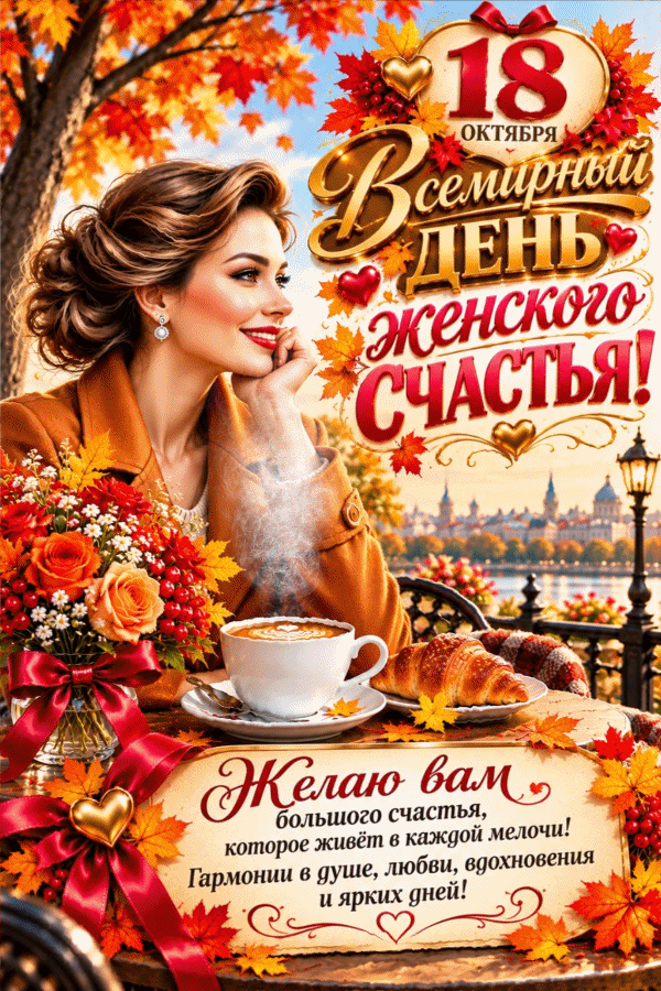 Анимированная открытка 18 октября Всемирный день женского счастья! Желаю вам большого счастья, которое живёт в каждой мелоч