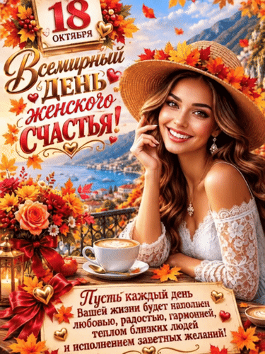 Анимированная открытка 18 октября Всемирный день женского счастья! Пусть каждый день вашей жизни будет наполнен любовью, ра