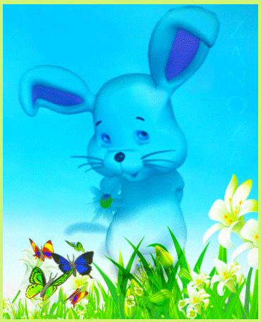 Анимированная открытка На картинке нет текста, изображен зайчик в траве и цветах