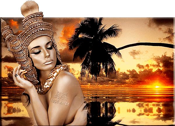 Анимированная открытка Женщина на фоне пальмы