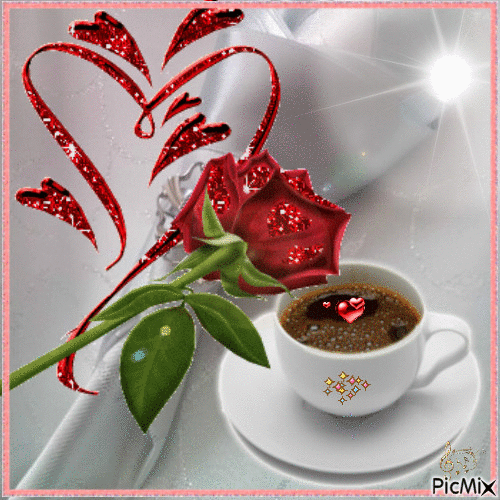 Анимированная открытка Роза и чашечка кофе