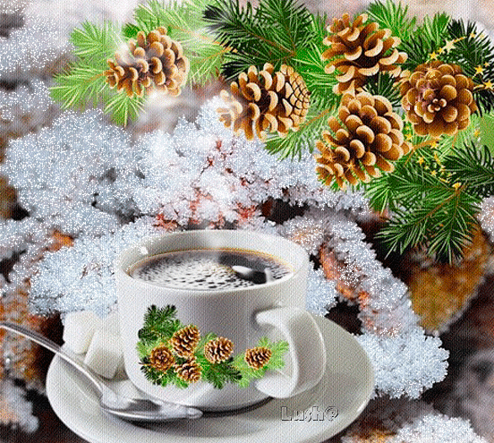 Анимированная открытка Чашка горячего кофе и заснеженная еловая ветвь с шишками