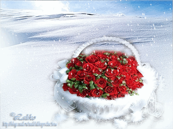 Анимированная открытка Букет красных роз в корзинке