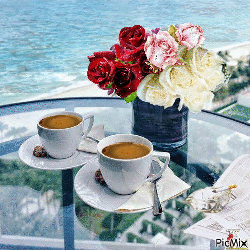 Анимированная открытка Столик с чашками, ваза с цветами на фоне моря