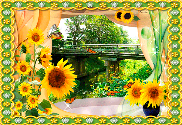 Анимированная открытка Подсолнухи, бабочки, мост, зелень