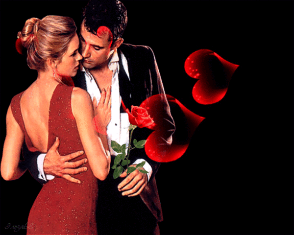Анимированная открытка Пара мужчина и женщина стоят в обнимку, у мужчины  роза в руке, летят сердца